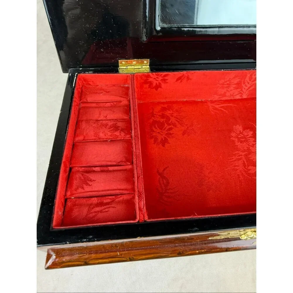 Vintage Chinese Lacquered Wood Vanity Jewelry Box w/ Mirror READ